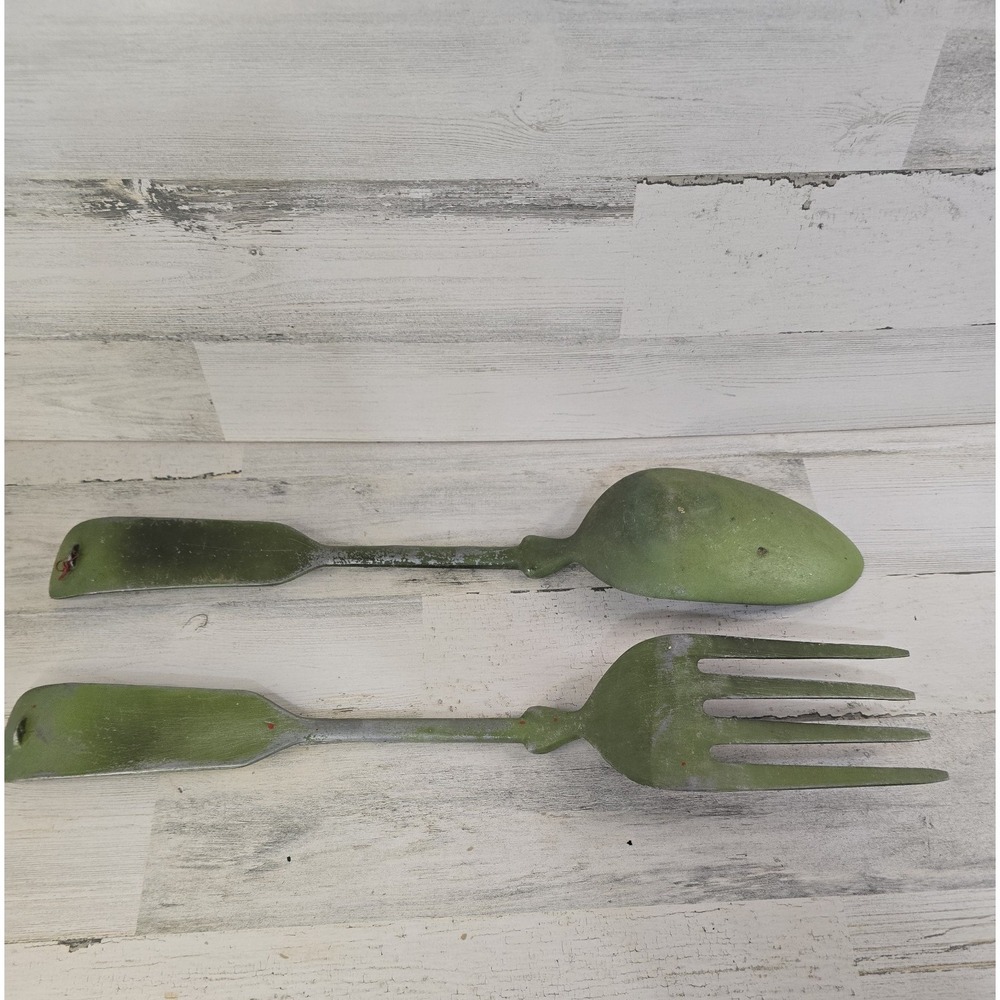 Vintage Style Large Metal Fork and Spoon Wall Decor Set Distressed Green 21" - Picture 2 of 5